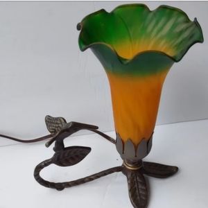 Vintage Brass Humingbird Green Amber Tulip Glass Shade